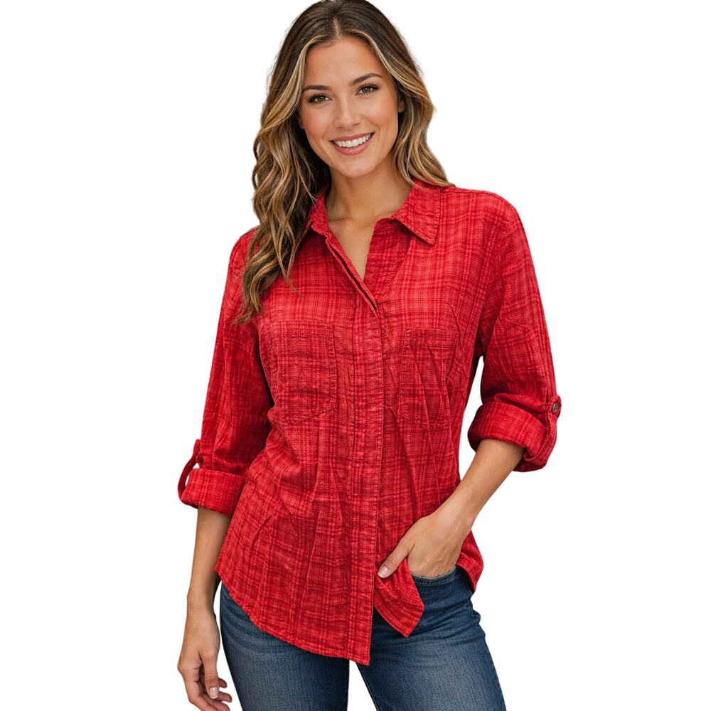 Liverpool S hot Red Plaid Roll Tab Sleeve Button Front Shirt plaid crinkle EUC